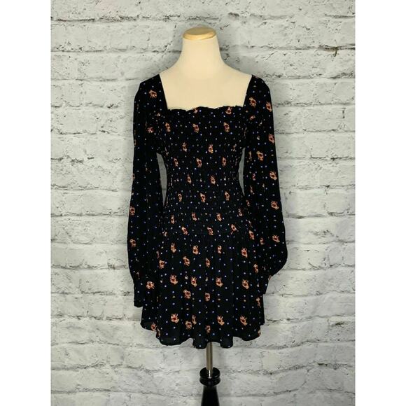 FREE PEOPLE black Floral Long Sleeves Peasant Mini Dress Small - Picture 9 of 11